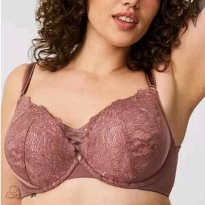 Torrid Curve Push Up Strappy Plunge Bra Sz 46C Rose Taupe Floral Lace Underwire